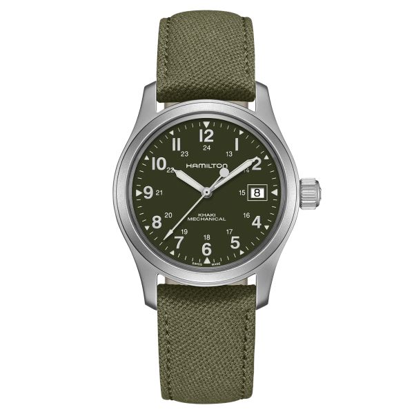 Montre Hamilton Khaki Field mécanique cadran vert bracelet textile 38 mm H69419363