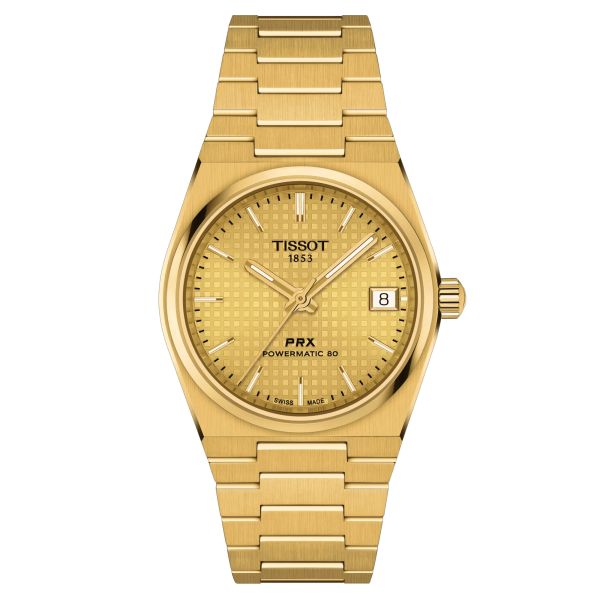 Tissot T-Classic PRX Powermatic 80 automatic watch gold dial steel bracelet PVD yellow gold 35 mm T137.207.33.021.00
