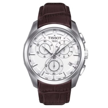 Montre Tissot T-Classic Couturier quartz chronographe cadran argent bracelet cuir brun 41 mm T035.617.16.031.00
