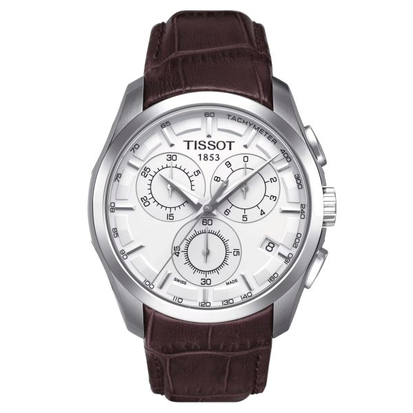 Montre Tissot T-Classic Couturier quartz chronographe cadran argent bracelet cuir brun 41 mm T035.617.16.031.00