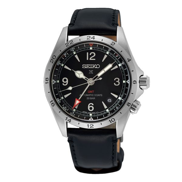 Montre Seiko Prospex Alpinist GMT automatique cadran noir bracelet cuir 39,5 mm