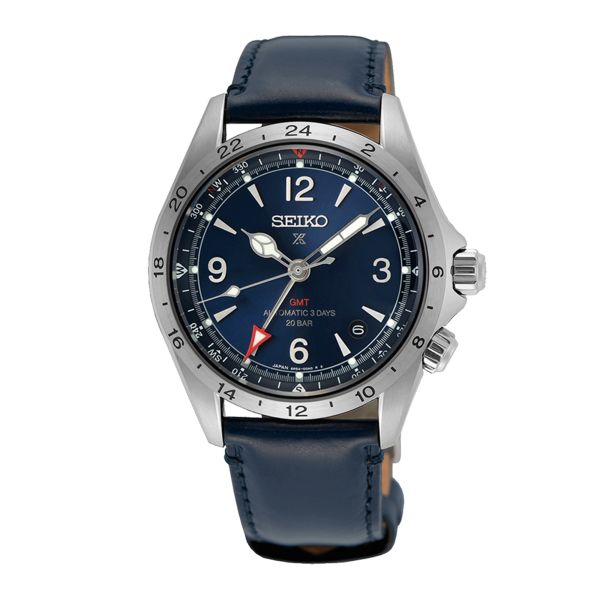 Montre Seiko Prospex Alpinist GMT automatique cadran bleu bracelet cuir 39,5 mm