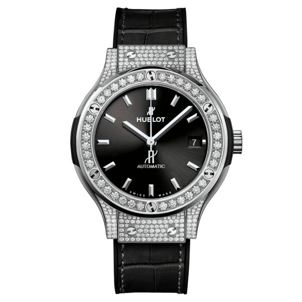 Hublot Classic Fusion Titanium automatic watch black dial black leather strap 38 mm 565.NX.1470.LR.1604
