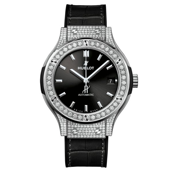 Montre Hublot Classic Fusion Titanium automatique cadran noir bracelet cuir noir 38 mm 565.NX.1470.LR
