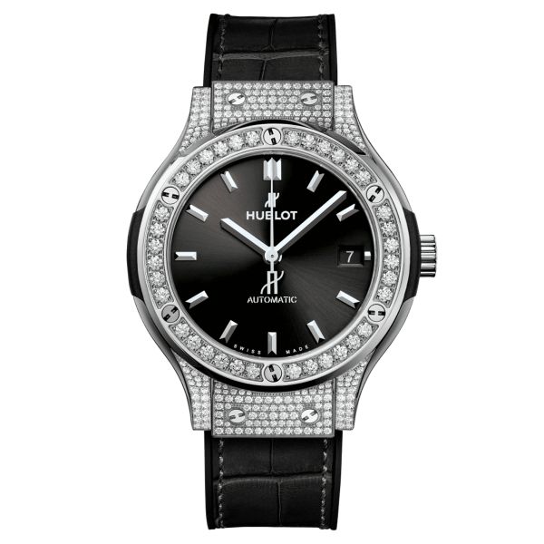 Montre Hublot Classic Fusion Titanium automatique cadran noir bracelet cuir noir 38 mm 565.NX.1470.LR