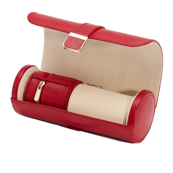 Wolf Palermo double watch roll with jewelry pouch in red