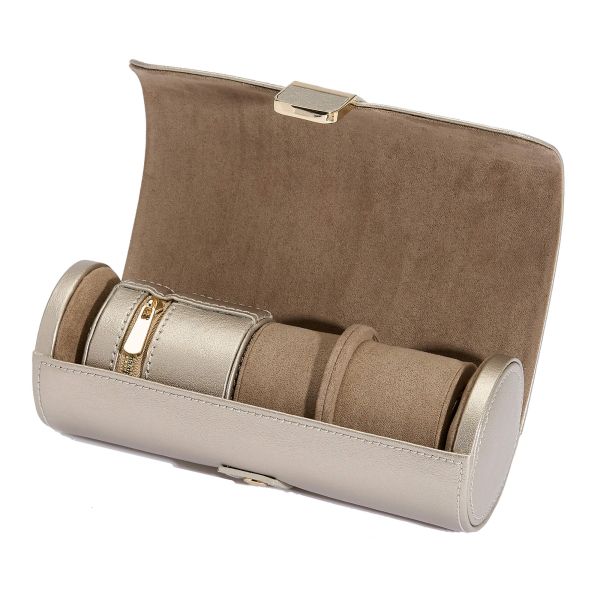 Wolf Palermo double watch roll with jewelry pouch in pewter