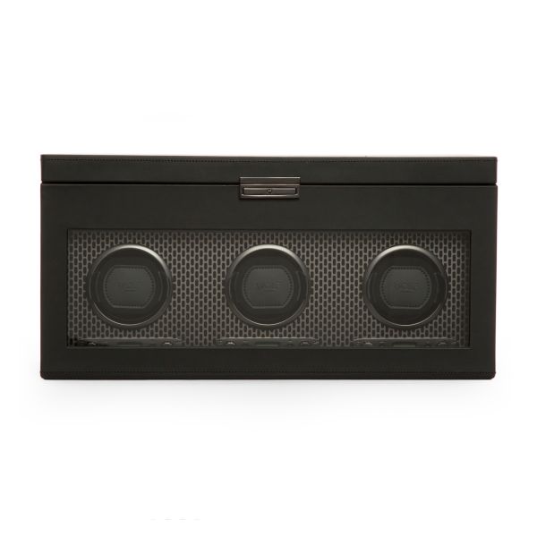 Remontoir pour trois montres automatiques programmable avec rangement Wolf 1834 Axis en cuir vegan noir et finition poudrée