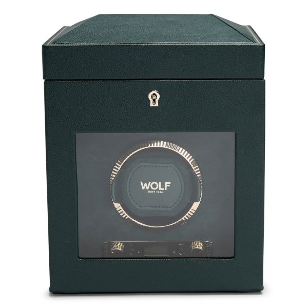 Programmable watch winder for single watch with storage Wolf 1834 British Racing Green vegan leather