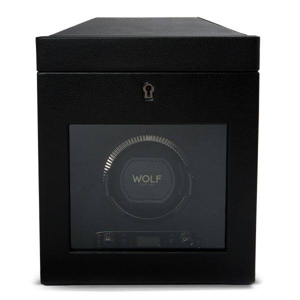 Remontoir pour montre automatique programmable avec rangement Wolf 1834 British Racing en cuir vegan noir