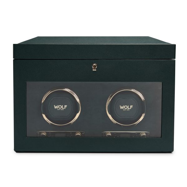 Programmable watch winder for two watches with storage Wolf 1834 British Racing Green vegan leather