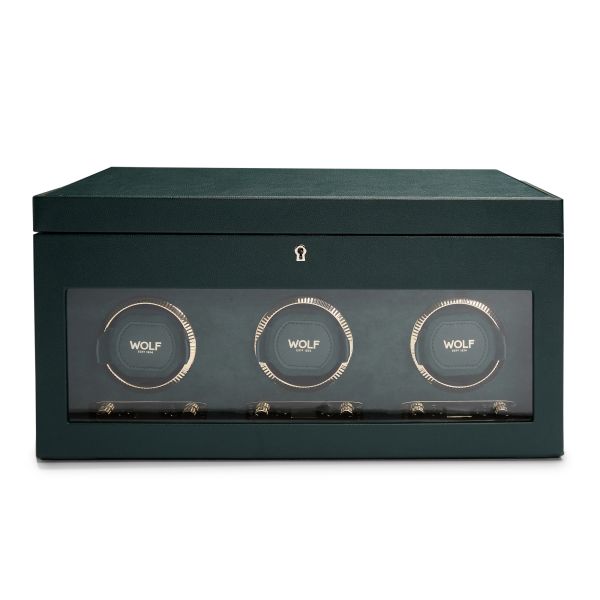 Programmable watch winder for three watches with storage Wolf 1834 British Racing Green vegan leather