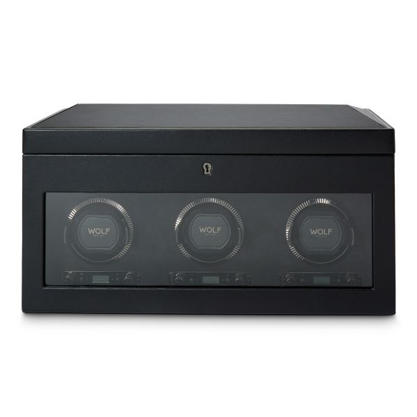 Programmable watch winder for three watches with storage Wolf 1834 British Racing Black vegan leather