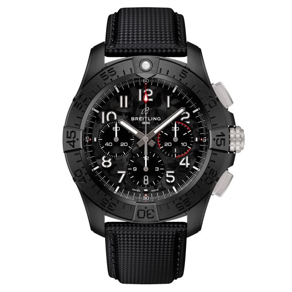 Breitling Avenger B01 Chronograph Night Mission automatic watch carbon dial black leather strap 44 mm