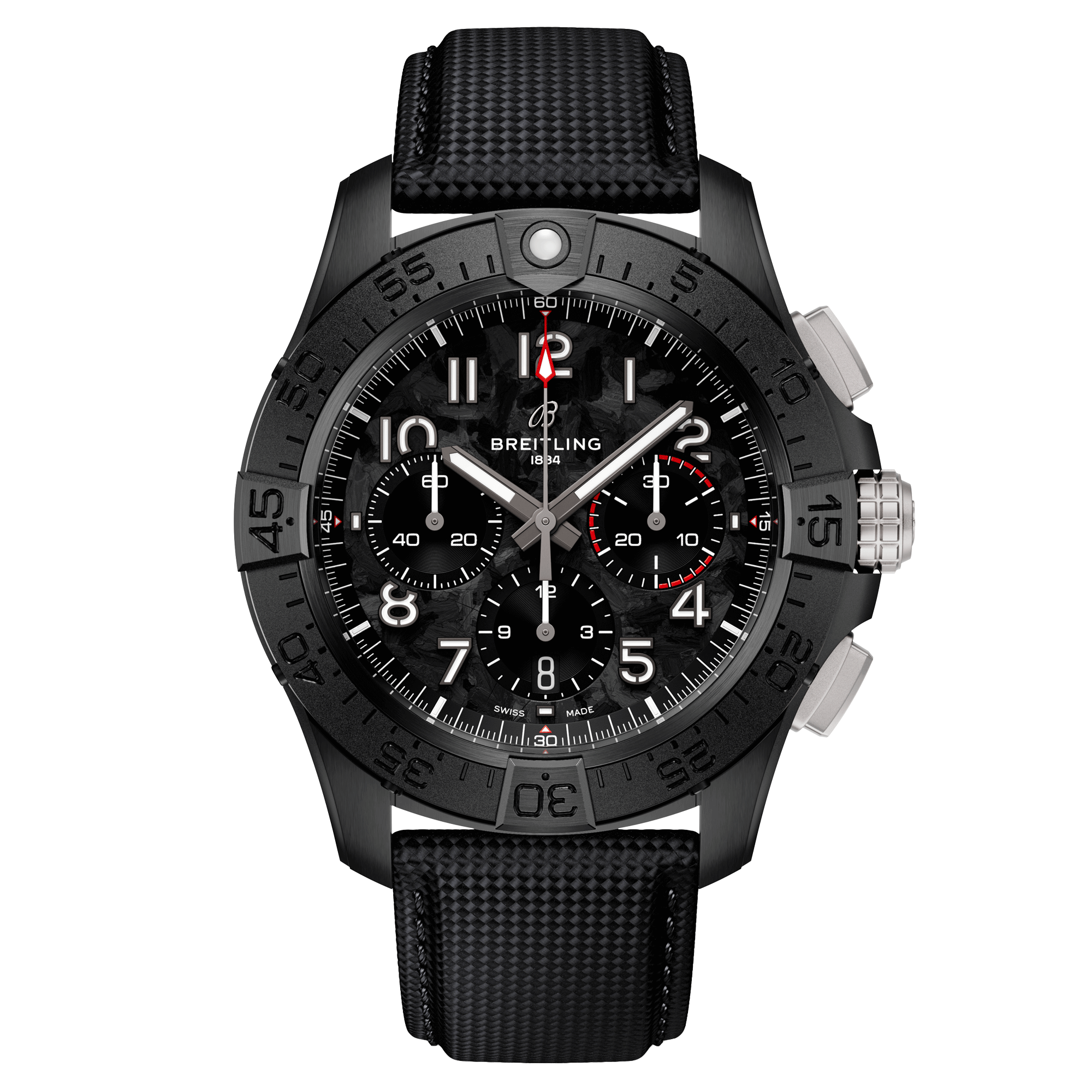 Montre Breitling Avenger B01 Chronograph Night Mission automatique cadran carbone bracelet cuir noir 44 mm SB0147101B1X1