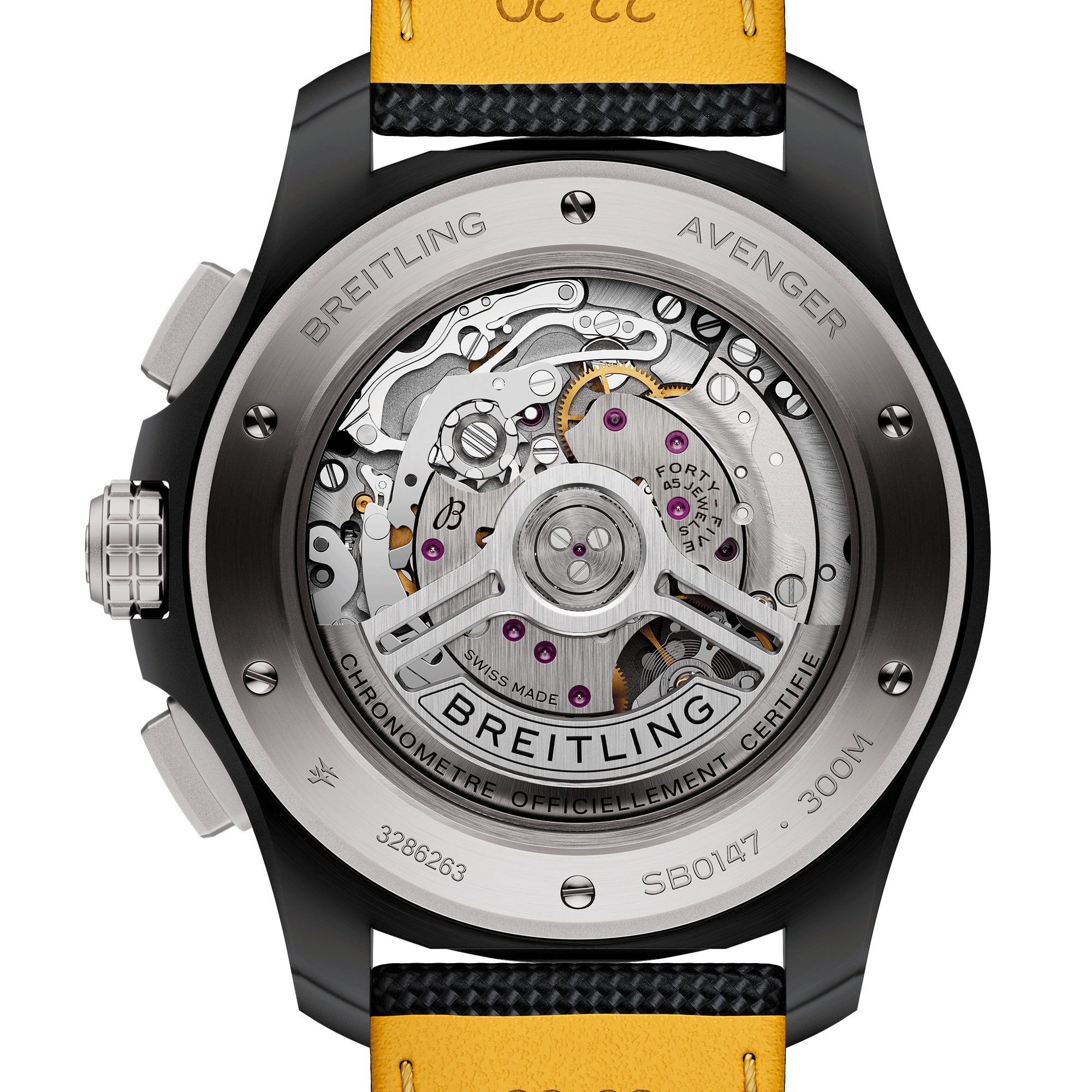 Montre Breitling Avenger B01 Chronograph Night Mission automatique cadran carbone bracelet cuir noir 44 mm SB0147101B1X1