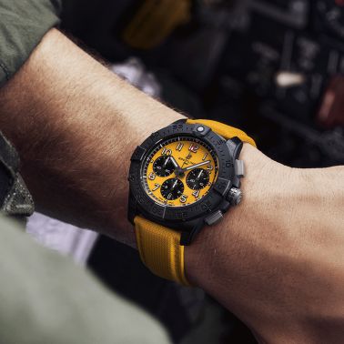 Breitling Avenger B01 Chronograph Night Mission automatic watch yellow dial yellow leather strap 44 mm