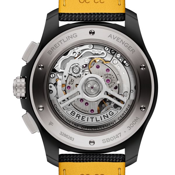 Breitling Avenger B01 Chronograph Night Mission automatic watch yellow dial black leather strap 44 mm