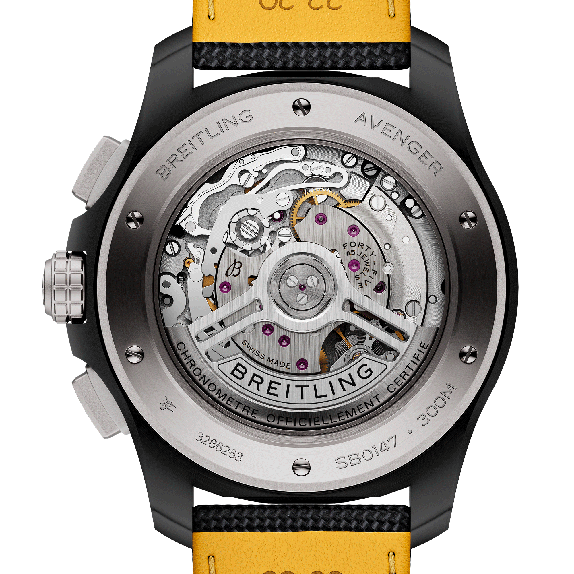 Breitling Avenger B01 Chronograph Night Mission automatic watch yellow dial black leather strap 44 mm