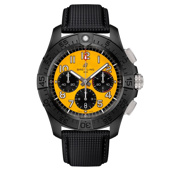 Breitling Avenger B01 Chronograph Night Mission automatic watch yellow dial black leather strap 44 mm