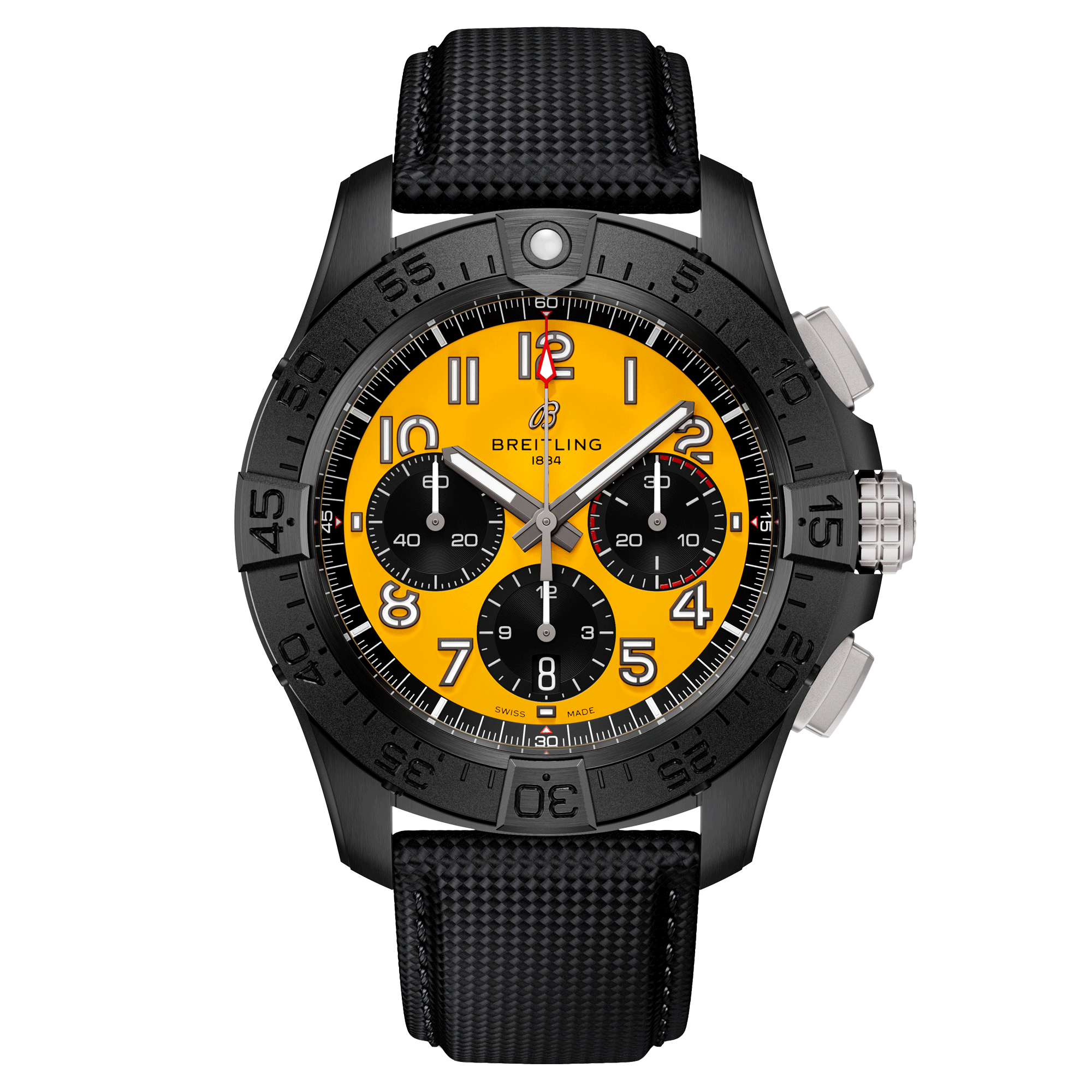 Breitling Avenger B01 Chronograph Night Mission automatic watch yellow dial black leather strap 44 mm