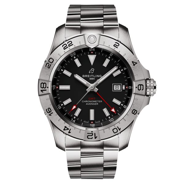 Breitling Avenger GMT automatic watch black dial steel bracelet 44 mm