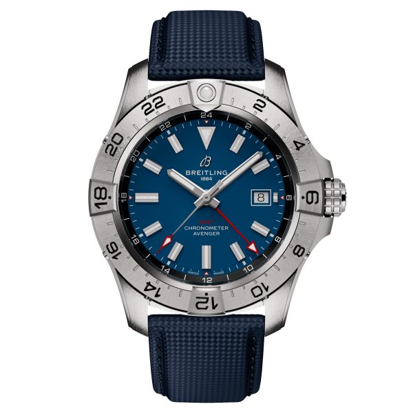 Breitling Avenger GMT automatic watch blue dial blue leather strap 44 mm