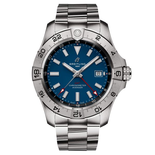 Breitling Avenger GMT automatic watch blue dial steel bracelet 44 mm
