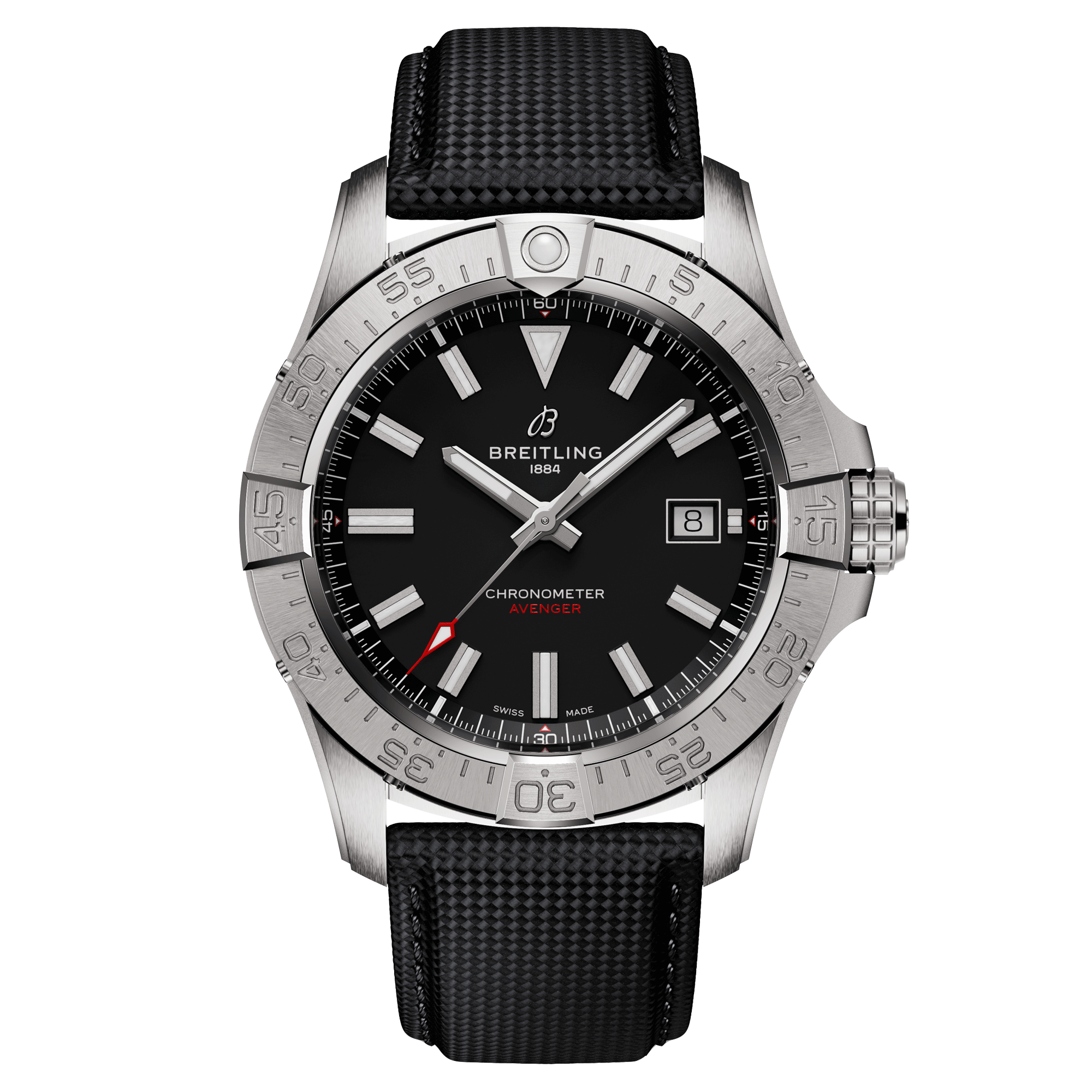 Breitling Avenger automatic watch black dial black leather strap 42 mm