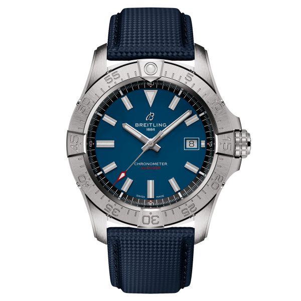 Breitling Avenger automatic watch blue dial blue leather strap 42 mm
