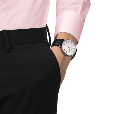 Tissot Everytime quartz watch silver dial black leather strap 40 mm