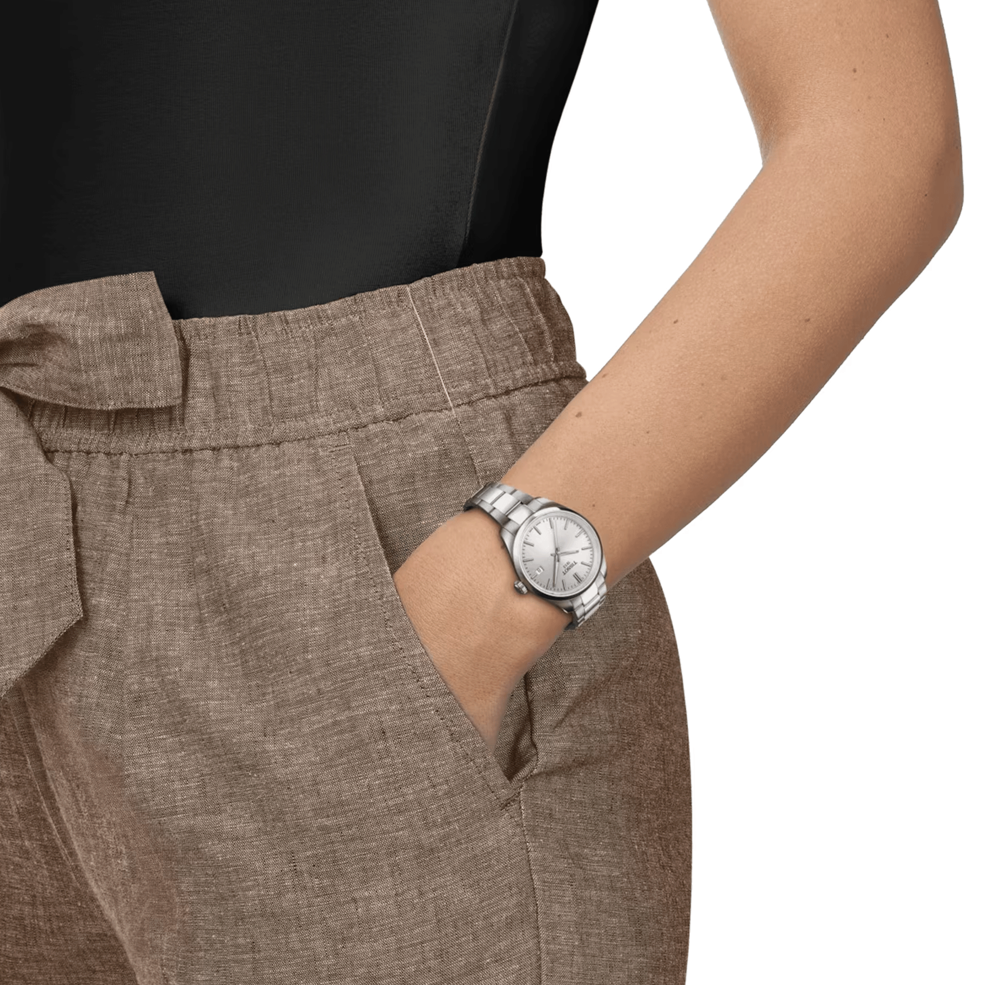 Montre Tissot T-Classic PR 100 quartz cadran argent bracelet acier 34 mm T150.210.11.031.00