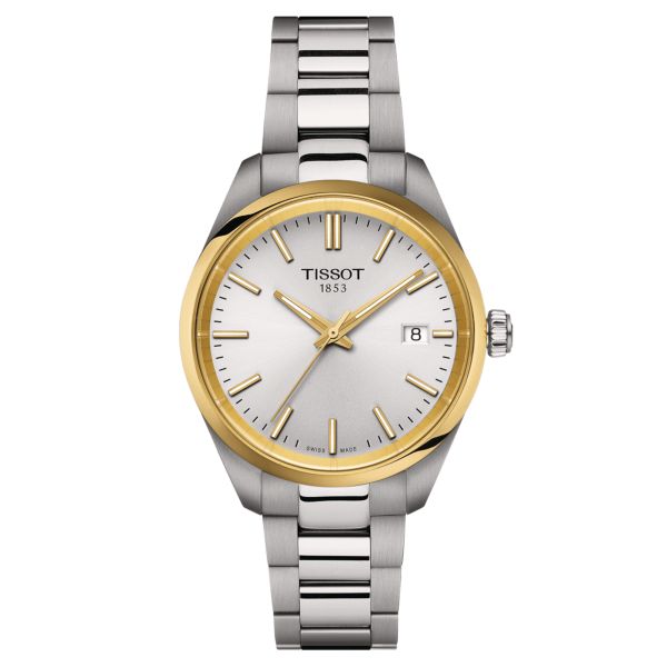 Tissot T-Classic PR 100 PVD yellow gold quartz silver dial steel bracelet 34 mm