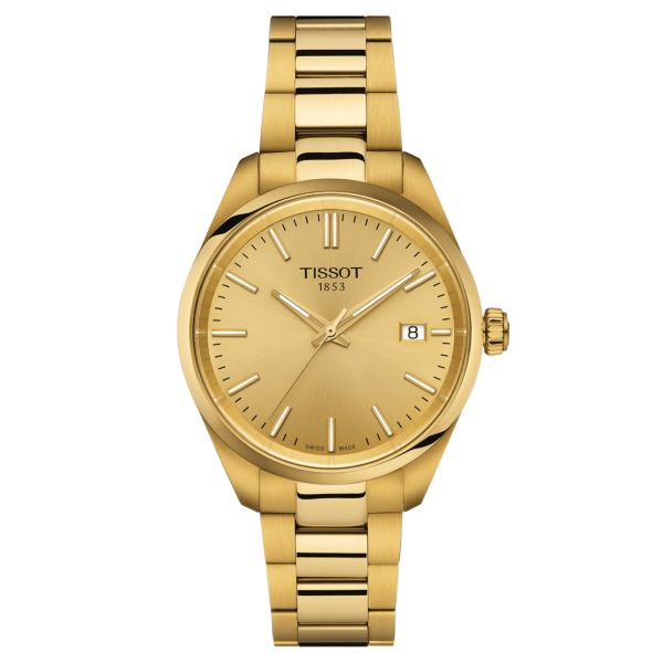 Tissot T-Classic PR 100 quartz watch champagne dial stainless steel bracelet pvd yellow gold 34 mm
