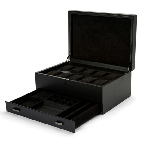 British Racing Black 10 Watches Box with storage Wolf 1834 black vegan leather