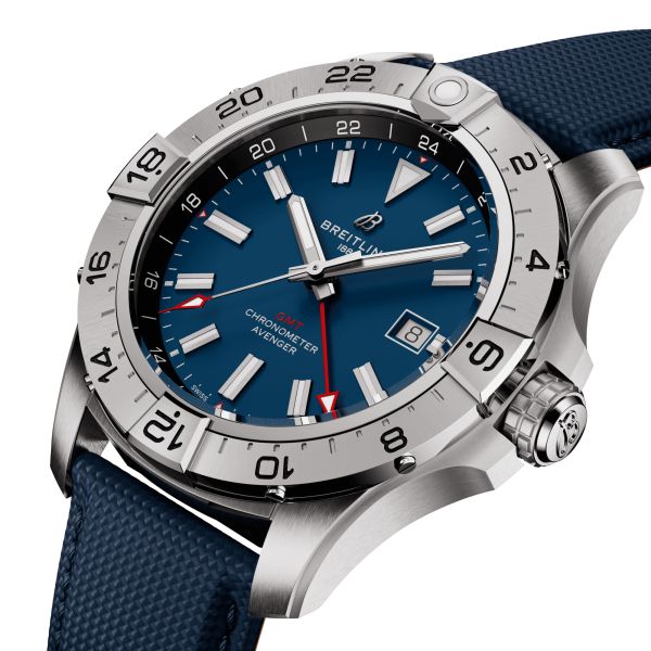 Breitling Avenger GMT automatic watch blue dial blue leather strap 44 mm