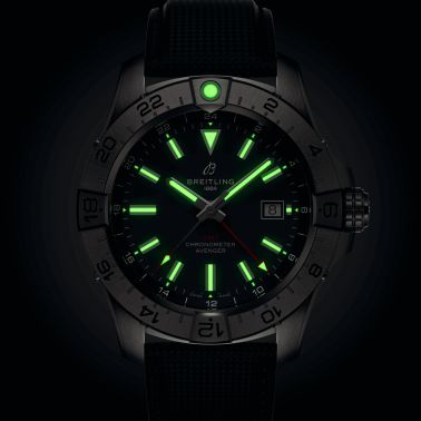 Breitling Avenger GMT automatic watch blue dial blue leather strap 44 mm