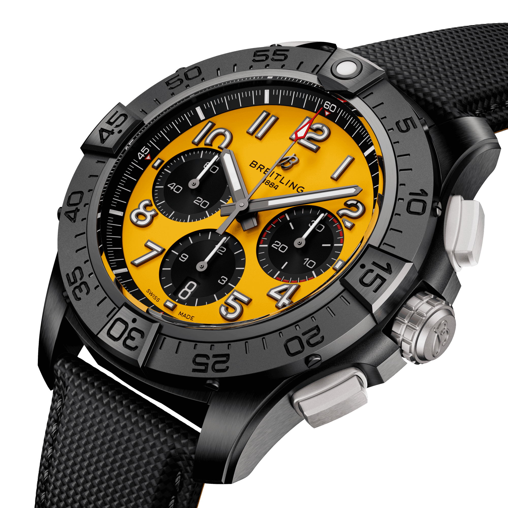 Montre Breitling Avenger B01 Chronograph Night Mission automatique cadran jaune bracelet cuir noir 44 mm SB0147101I1X2