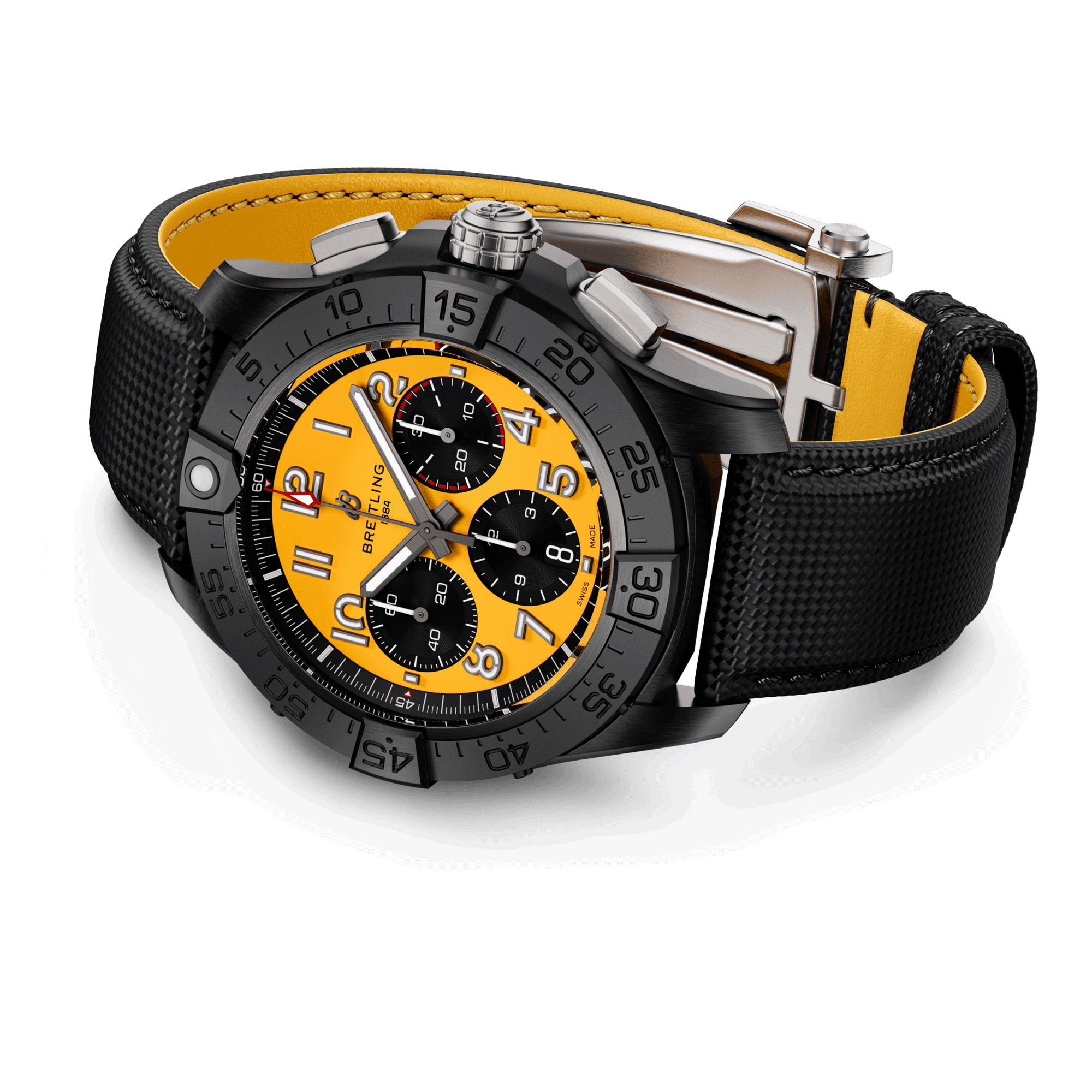 Breitling Avenger B01 Chronograph Night Mission automatic watch yellow dial black leather strap 44 mm