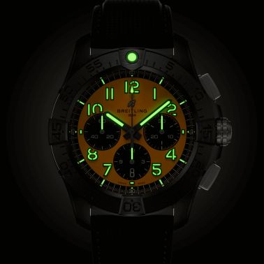 Breitling Avenger B01 Chronograph Night Mission automatic watch yellow dial black leather strap 44 mm