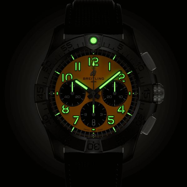 Breitling Avenger B01 Chronograph Night Mission automatic watch yellow dial black leather strap 44 mm