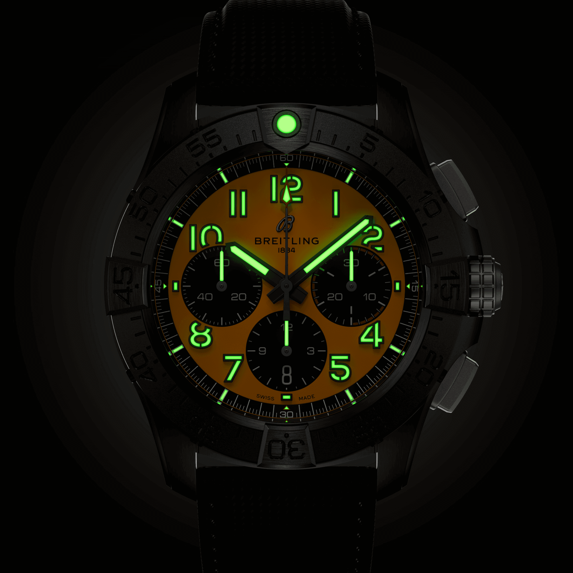 Breitling Avenger B01 Chronograph Night Mission automatic watch yellow dial black leather strap 44 mm