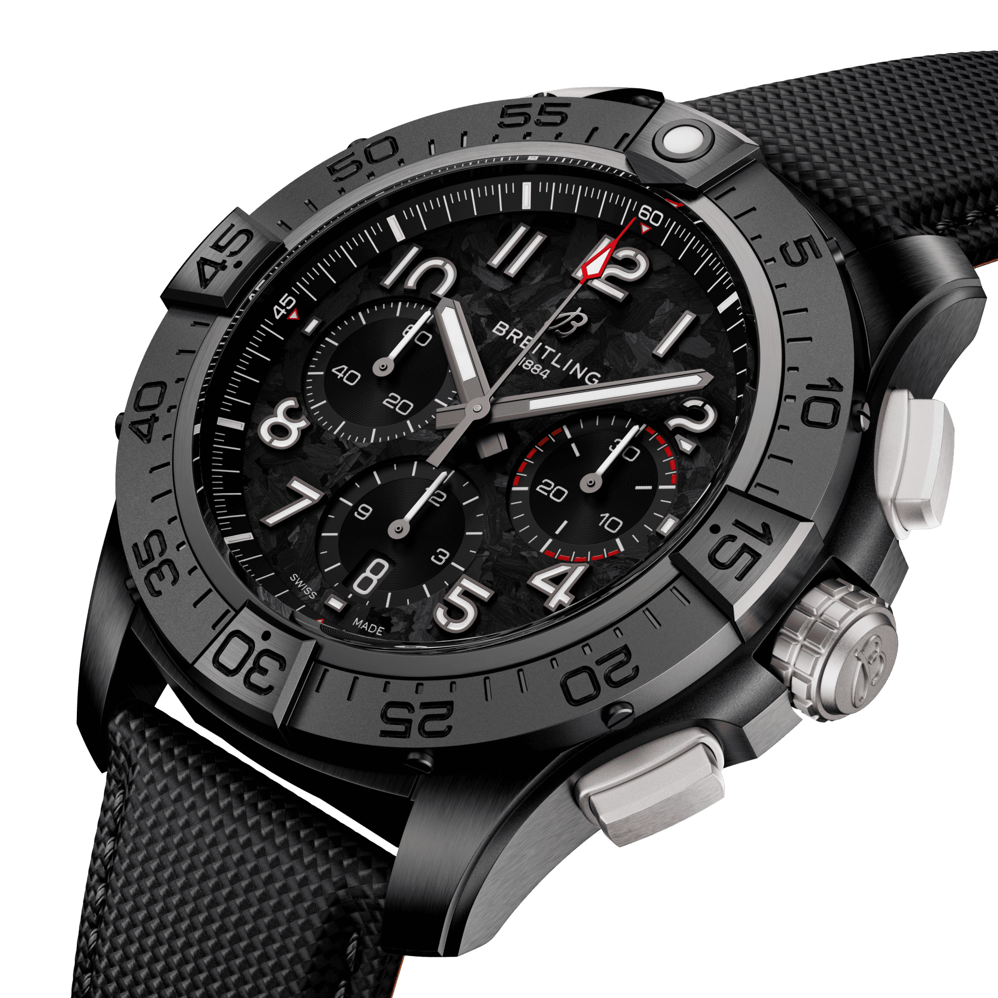 Montre Breitling Avenger B01 Chronograph Night Mission automatique cadran carbone bracelet cuir noir 44 mm SB0147101B1X1