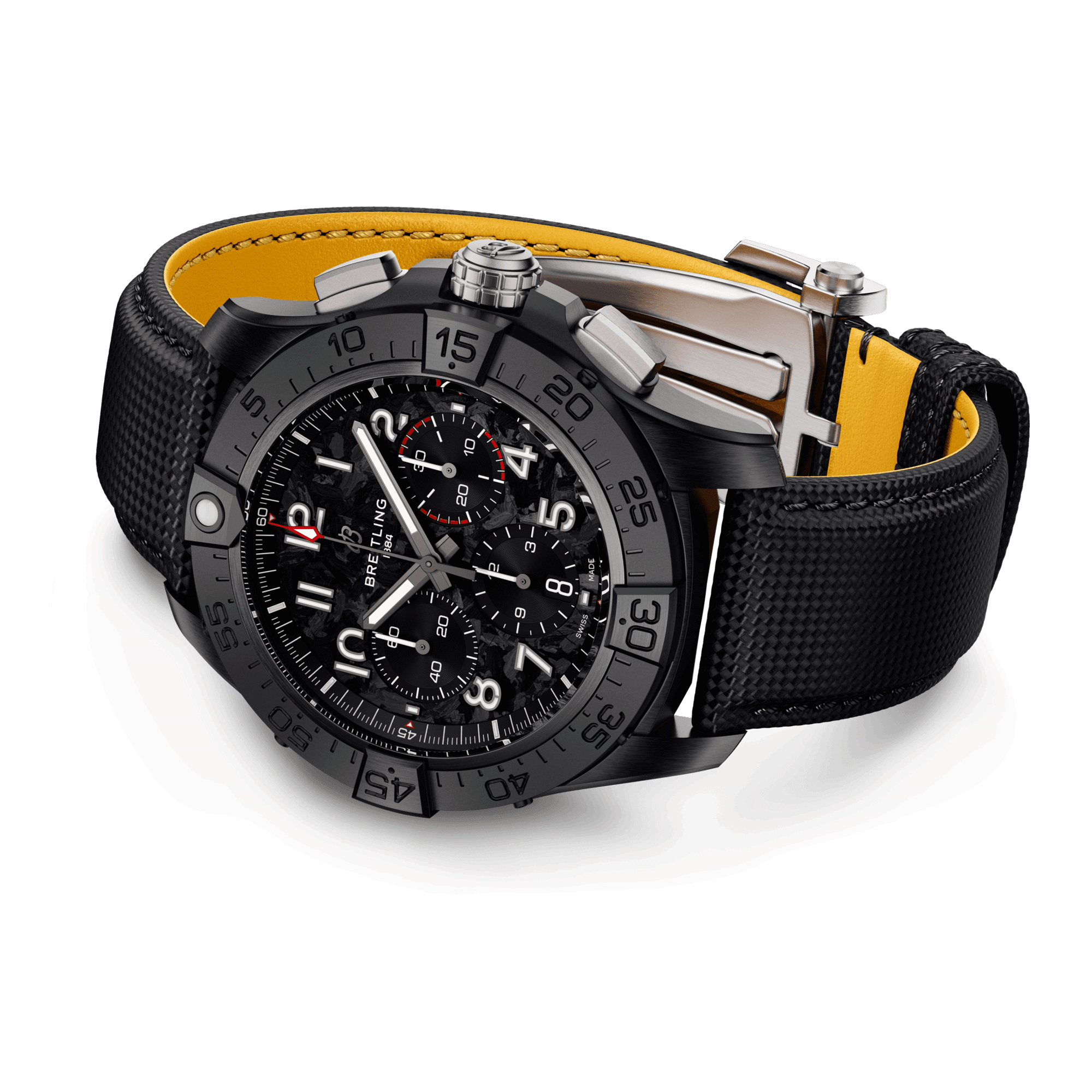 Montre Breitling Avenger B01 Chronograph Night Mission automatique cadran carbone bracelet cuir noir 44 mm SB0147101B1X1
