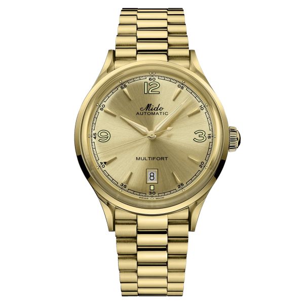 Montre Mido Multifort Powermind automatique cadran doré bracelet acier pvd or jaune 40 mm M040.407.33.027.00