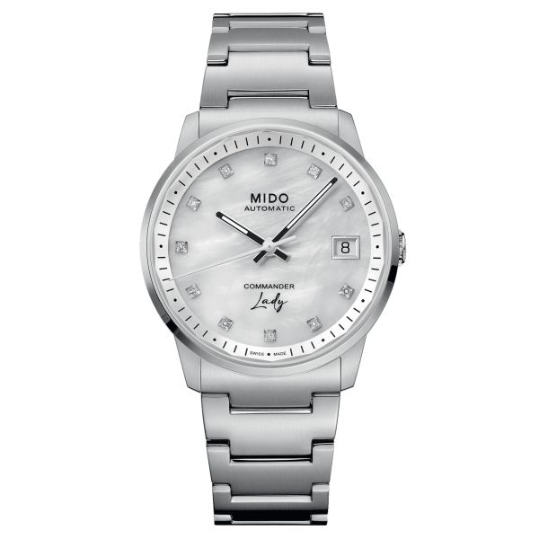 Montre Mido Commander Lady automatique index diamants cadran nacre blanche bracelet acier 35 mm M021.207.11.106.00