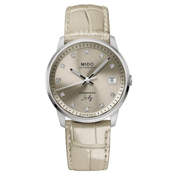 Mido Commander Lady automatic watch diamond index brown dial brown leather strap 35 mm M021.207.16.296.00
