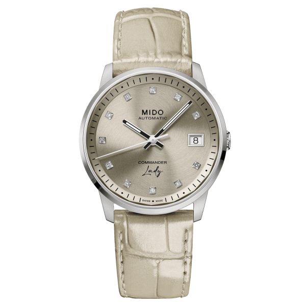 Montre Mido Commander Lady automatique index diamants cadran brun bracelet cuir brun 35 mm M021.207.16.296.00