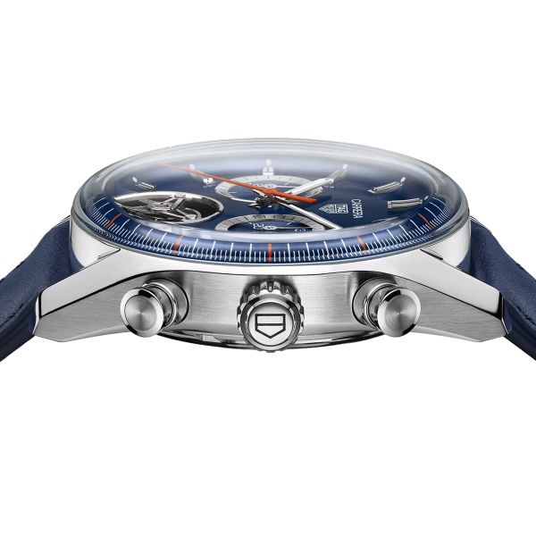 Montre TAG Heuer Carrera Chronograph Tourbillon automatique cadran bleu bracelet cuir bleu 42 mm CBS5010.FC6543