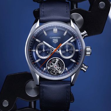 Montre TAG Heuer Carrera Chronograph Tourbillon automatique cadran bleu bracelet cuir bleu 42 mm CBS5010.FC6543